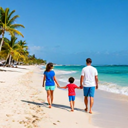 Caribbean Holidays, Caribbean Family Holidays, A happy family walking along a bright Caribbean beach in June, turquoise sea, soft sand, palm trees and relaxed holiday atmosphere