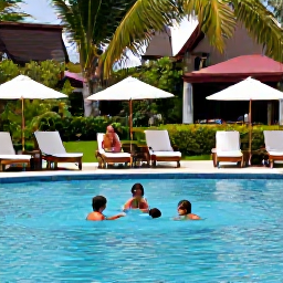 Caribbean Holidays, Caribbean Family Holidays, Family relaxing beside a Caribbean resort swimming pool, children playing safely, parents on sun loungers, lush tropical gardens