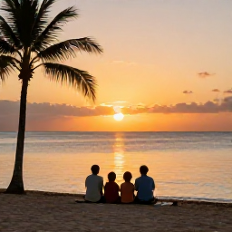Caribbean Holidays, Caribbean Family Holidays, Family watching a golden Caribbean sunset from a sandy beach, calm sea, palm silhouettes and warm evening light