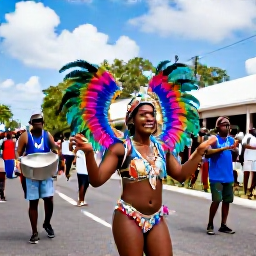 Caribbean Holidays, Caribbean Festivals, Colourful Caribbean carnival parade with dancers in feathered costumes, steel pan musicians and lively crowds on a sunny island street