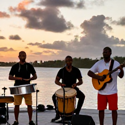 Caribbean Holidays, Caribbean Festivals, Local musicians performing drums, steel pans and guitars at a Caribbean cultural festival near the waterfront at sunset