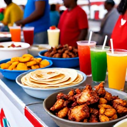 Caribbean Holidays, Caribbean Festivals, Traditional Caribbean festival food stalls serving jerk chicken, roti, fried plantain and colourful tropical drinks at an outdoor celebration