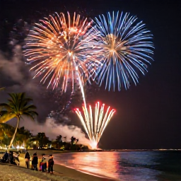 Caribbean Holidays, Caribbean Fireworks, Colourful fireworks bursting above a Caribbean beach at night, with palm trees, calm sea and families watching from the shoreline