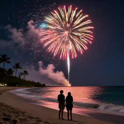 Caribbean Holidays, Caribbean Fireworks, Couple watching a Caribbean fireworks display from a quiet sandy beach, with gentle waves, palm silhouettes and a starry sky