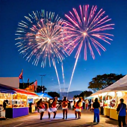 Caribbean Holidays, Caribbean Fireworks, Festive Caribbean street celebration with dancers, live music, food stalls and fireworks overhead after sunset