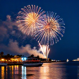 Caribbean Holidays, Caribbean Fireworks, Fireworks reflected in the water of a lively Caribbean harbour, with illuminated boats, restaurants and a colourful evening crowd