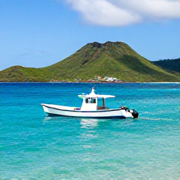 Caribbean Holidays, Caribbean Fishing, A small fishing boat cruising over clear turquoise Caribbean water near Saint Vincent and the Grenadines, with green volcanic islands in the background