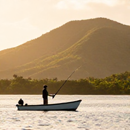 Caribbean Holidays, Caribbean Fishing, Angler casting from a small boat in calm coastal water, lush green hills and a golden Caribbean morning light in the background