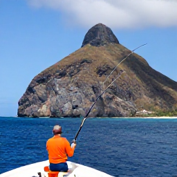 Caribbean Holidays, Caribbean Fishing, Angler casting from a small charter boat beside a dramatic tropical coastline on Sint Eustatius