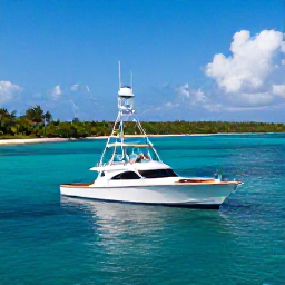Caribbean Holidays, Caribbean Fishing Charters, A modern fishing charter boat cruising through clear turquoise Caribbean water with a tropical island coastline in the background
