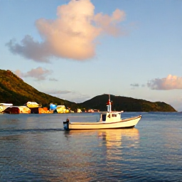 Caribbean Holidays, Caribbean Fishing Charters, A small fishing boat returning towards a colourful Caribbean marina at golden hour with calm sea and island hills
