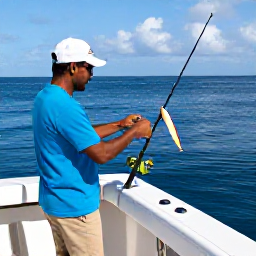 Caribbean Holidays, Caribbean Fishing Charters, Friendly Caribbean fishing crew preparing rods, reels and fresh bait on the deck of a charter boat