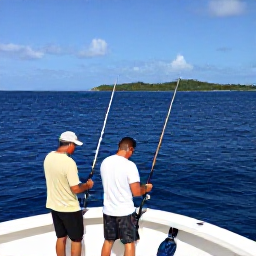 Caribbean Holidays, Caribbean Fishing, Deep-sea fishing boat with anglers preparing rods offshore, dramatic blue ocean and a distant tropical island under bright Caribbean sunshine