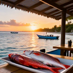 Caribbean Holidays, Caribbean Fishing, Fresh Caribbean fish prepared at a simple waterside restaurant with boats and a tropical sunset in the background
