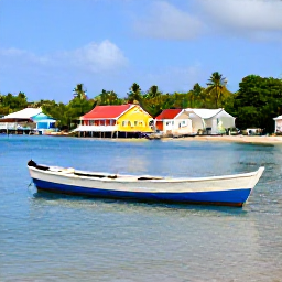 Caribbean Holidays, Caribbean Fishing, Traditional wooden fishing boat near the coast of Bequia, colourful waterfront buildings, palm trees and calm blue water
