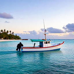 Caribbean Holidays, Caribbean Fishing Trips, A colourful Caribbean fishing boat leaving a sunny turquoise harbour at dawn, tropical coastline in the background