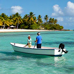 Caribbean Holidays, Caribbean Fishing Trips, A friendly local guide helping a visitor fish from a small Caribbean boat near a sheltered reef and palm-fringed island