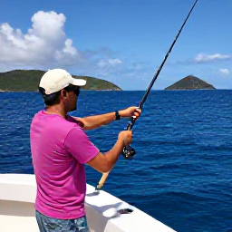 Caribbean Holidays, Caribbean Fishing Trips, Anglers enjoying a deep sea fishing trip in the Caribbean, rods set against a bright blue ocean and distant island hills