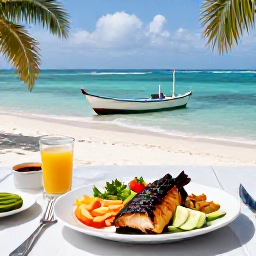 Caribbean Holidays, Caribbean Fishing Trips, Freshly prepared Caribbean fish lunch served on a seaside table beside a small fishing boat and palm trees