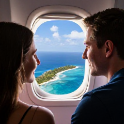 Caribbean Holidays, Caribbean Flights, Happy couple looking through an aeroplane window at a Caribbean island coastline and vivid blue sea
