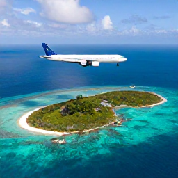Caribbean Holidays, Caribbean Flights, Modern passenger aircraft flying above turquoise Caribbean sea and green tropical islands in bright daylight
