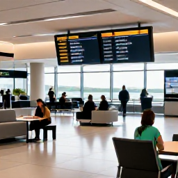 Caribbean Holidays, Caribbean Flights, Passengers relaxing in a bright modern airport terminal with departure boards showing Caribbean destinations