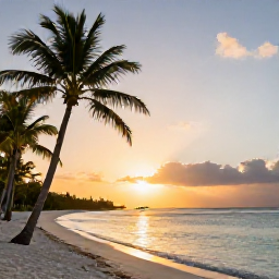 Caribbean Holidays, Caribbean Flights, Sunset over a Caribbean beach with palm trees, calm turquoise water and a small aircraft in the distant sky