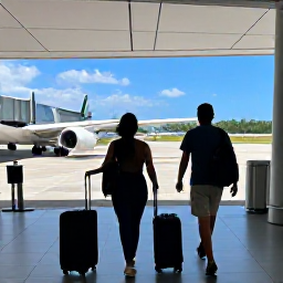 Caribbean Holidays, Caribbean Flights, Travellers with luggage walking through a Caribbean airport towards a sunny outdoor arrivals area