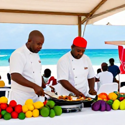 Caribbean Holidays, Caribbean Food Festivals, Barbados food festival beside the sea with chefs preparing flying fish, colourful produce and visitors at outdoor tables