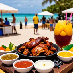 Caribbean Holidays, Caribbean Food Festivals, Jamaican food festival with jerk chicken grilling over charcoal, colourful sauces, tropical fruit and a relaxed crowd near the coast