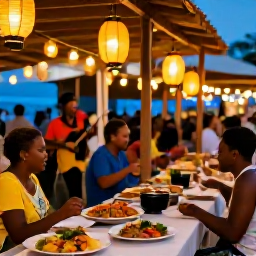 Caribbean Holidays, Caribbean Food Festivals, Relaxed Caribbean evening food market with lanterns, live music, colourful dishes and holidaymakers dining outdoors