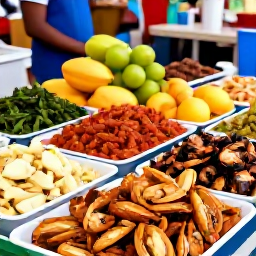 Caribbean Holidays, Caribbean Food Guide, Colourful Caribbean street food market with grilled seafood, tropical fruit and local dishes, bright natural light