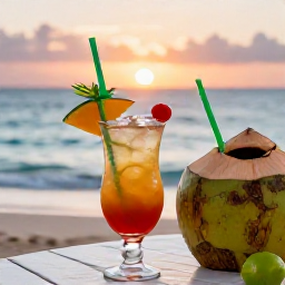 Caribbean Holidays, Caribbean Food Guide, Colourful tropical Caribbean drinks on a beach table, including rum punch, fresh coconut water and lime, with a sunset sea view