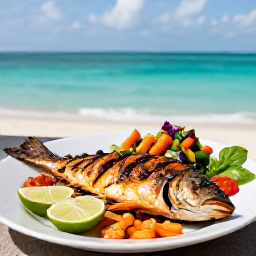 Caribbean Holidays, Caribbean Food Guide, Fresh Caribbean seafood lunch beside a turquoise sea, with grilled fish, lime, salad and colourful local side dishes
