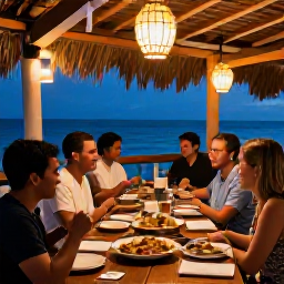 Caribbean Holidays, Caribbean Food Guide, Friendly Caribbean evening restaurant with local dishes, lanterns and diners enjoying an unhurried meal near the sea