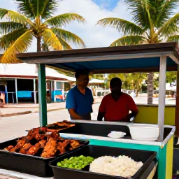 Caribbean Holidays, Caribbean Food Guide, Traditional Caribbean roadside food stall serving jerk chicken, rice and peas, with palm trees and a relaxed island setting