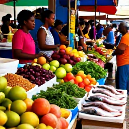 Caribbean Holidays, Caribbean Food Tours, Bustling Caribbean market with colourful fruit, vegetables, herbs, spices and freshly caught fish, shoppers and vendors in an atmospheric island town