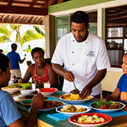 Caribbean Holidays, Caribbean Food Tours, Local Caribbean chef preparing traditional dishes in a small open-air restaurant, colourful plates, tropical setting and welcoming atmosphere