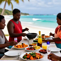 Caribbean Holidays, Caribbean Food Tours, Travellers enjoying a relaxed Caribbean cooking class beside the sea, traditional ingredients, colourful dishes and warm island scenery
