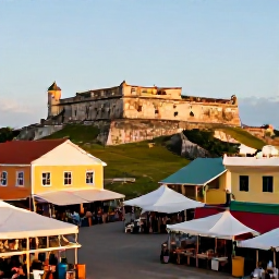 Caribbean Holidays, Caribbean Forts, Historic Caribbean fort beside a lively town with local market stalls, caf&eacute;s and colourful buildings in warm afternoon light