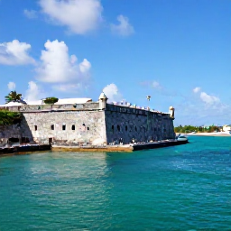 Caribbean Holidays, Caribbean Forts, Historic stone Caribbean fort overlooking a turquoise harbour, bright tropical sky and visitors exploring the ramparts