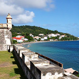 Caribbean Holidays, Caribbean Forts, Panoramic view from a Caribbean fort rampart across a blue sea, colourful town rooftops and green hills