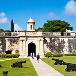Caribbean Holidays, Caribbean Forts, Visitors walking through the stone entrance of a well-preserved colonial fort in the Caribbean, with cannons and tropical greenery