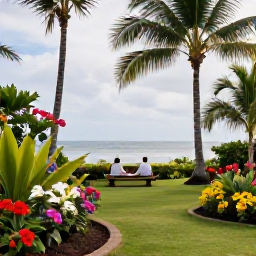 Caribbean Holidays, Caribbean Garden Strolls, A couple relaxing on a bench in a tropical Caribbean garden, with colourful flowers, tall palms and a calm coastal atmosphere
