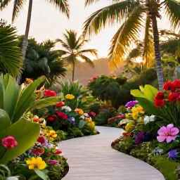 Caribbean Holidays, Caribbean Garden Strolls, A peaceful Caribbean botanical garden with winding paths, tropical palms, colourful flowers and soft morning sunlight