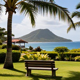 Caribbean Holidays, Caribbean Garden Strolls, A quiet Caribbean garden viewpoint overlooking tropical hills and the sea, with a bench beneath a palm tree