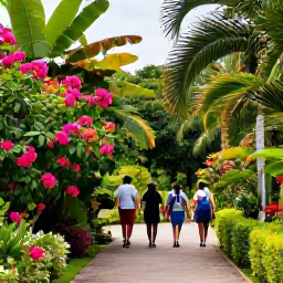 Caribbean Holidays, Caribbean Garden Strolls, Visitors walking along a shaded garden path in the Caribbean, surrounded by flowering shrubs, palms and lush tropical greenery