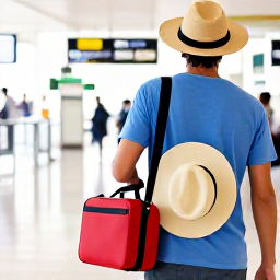 Caribbean Holidays, Caribbean Health Advice, Bright Caribbean airport arrival scene with a traveller carrying a small medical kit and sun hat
