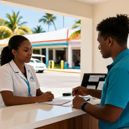 Caribbean Holidays, Caribbean Health Advice, Friendly Caribbean hotel reception staff helping a traveller find a local clinic, with a tropical street visible outside