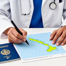 Caribbean Holidays, Caribbean Health Advice, Traveller consulting a doctor before a Caribbean holiday, with a passport and tropical island map on the desk